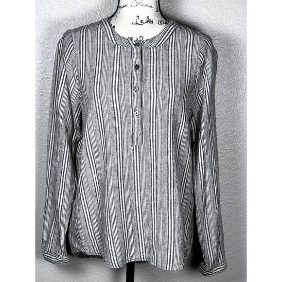 B.L.E.U. Women's Sz M Linen Blend Peasant Boho Relaxed Lagenlook Blouse Grey - Picture 1 of 12